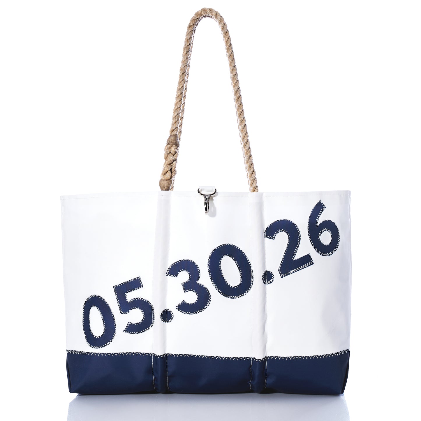 Crafted from recycled sailcloth, the Sea Bags Custom Date Ogunquit Beach Tote features sturdy rope handles and showcases the numbers 05.30.26 in bold navy text on the front. This personalized white and navy tote is a perfect way to commemorate your special memories of Ogunquit Beach. by Sea Bags