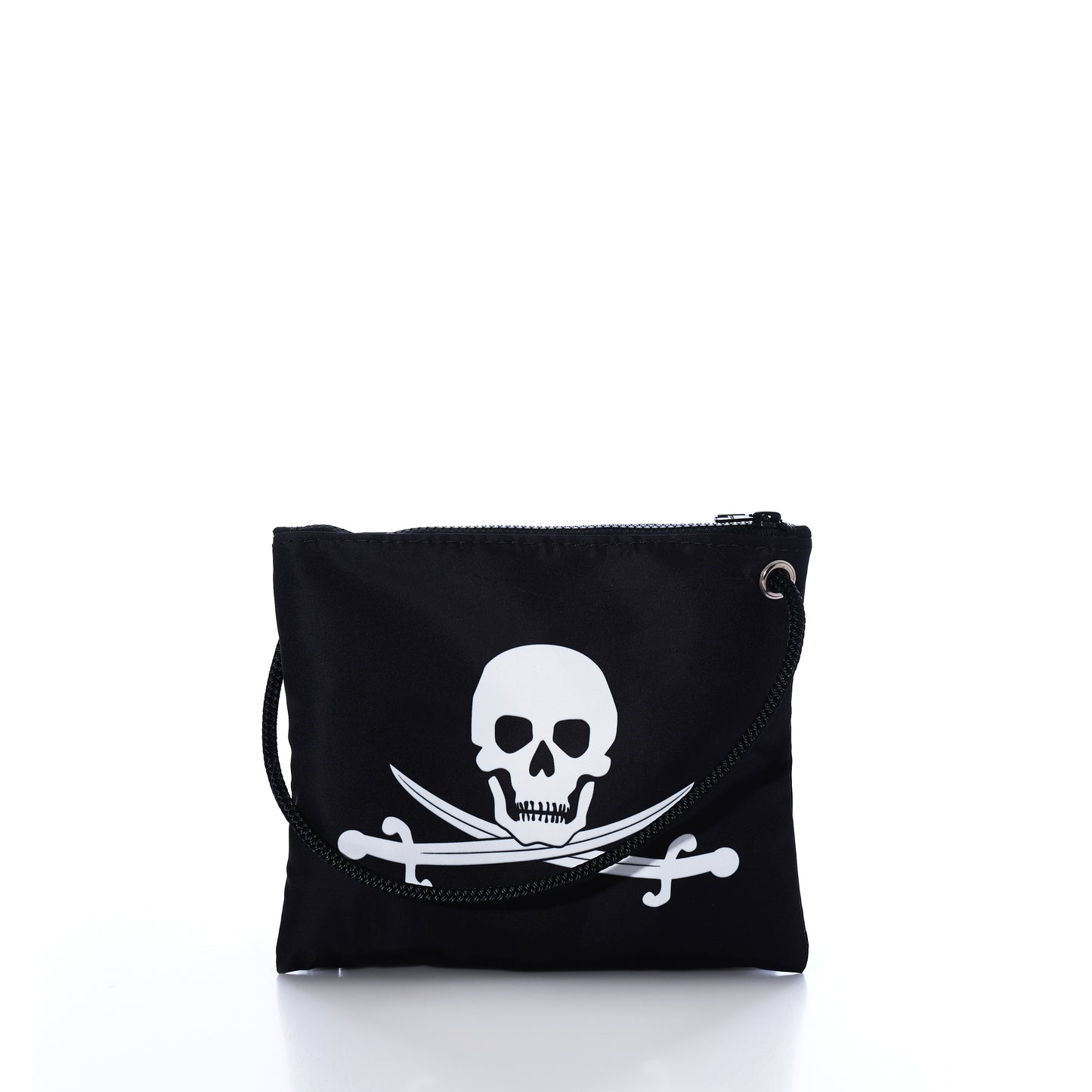 Introducing the Jolly Roger Slim Crossbody by Sea Bags—a compact black zippered pouch made from sustainable sailcloth, showcasing a bold white skull and crossed swords motif on the front. The bag is photographed against a white background. by Sea Bags