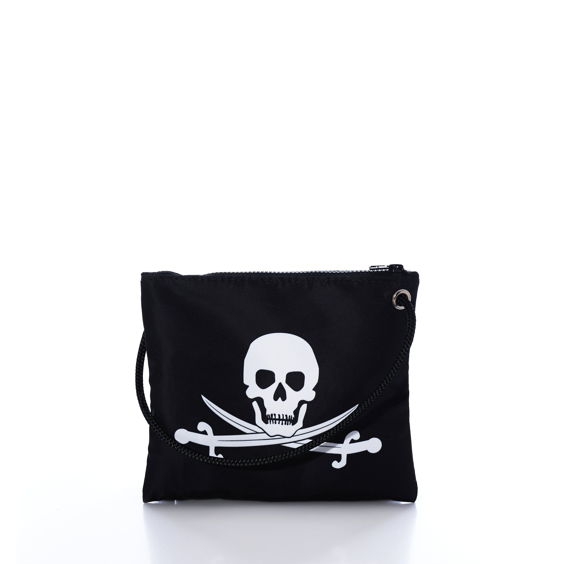 Introducing the Jolly Roger Slim Crossbody by Sea Bags—a compact black zippered pouch made from sustainable sailcloth, showcasing a bold white skull and crossed swords motif on the front. The bag is photographed against a white background. by Sea Bags