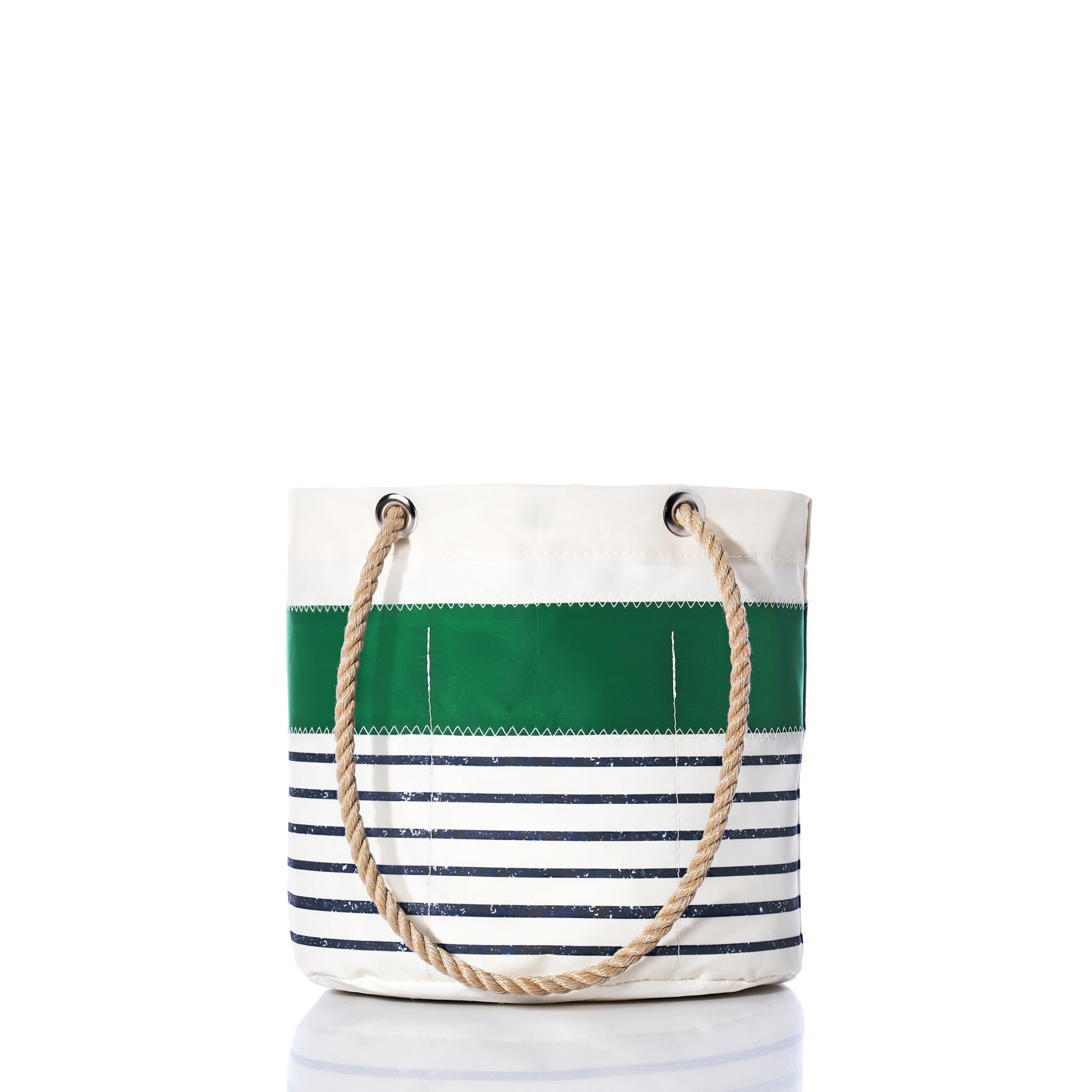 Sea Bags’ Green-on-Navy Mariner Stripe Essential Handbag is a practical and stylish tote, featuring navy blue horizontal stripes, a green band near the top, and rope handles—all crafted from durable recycled sail cloth.