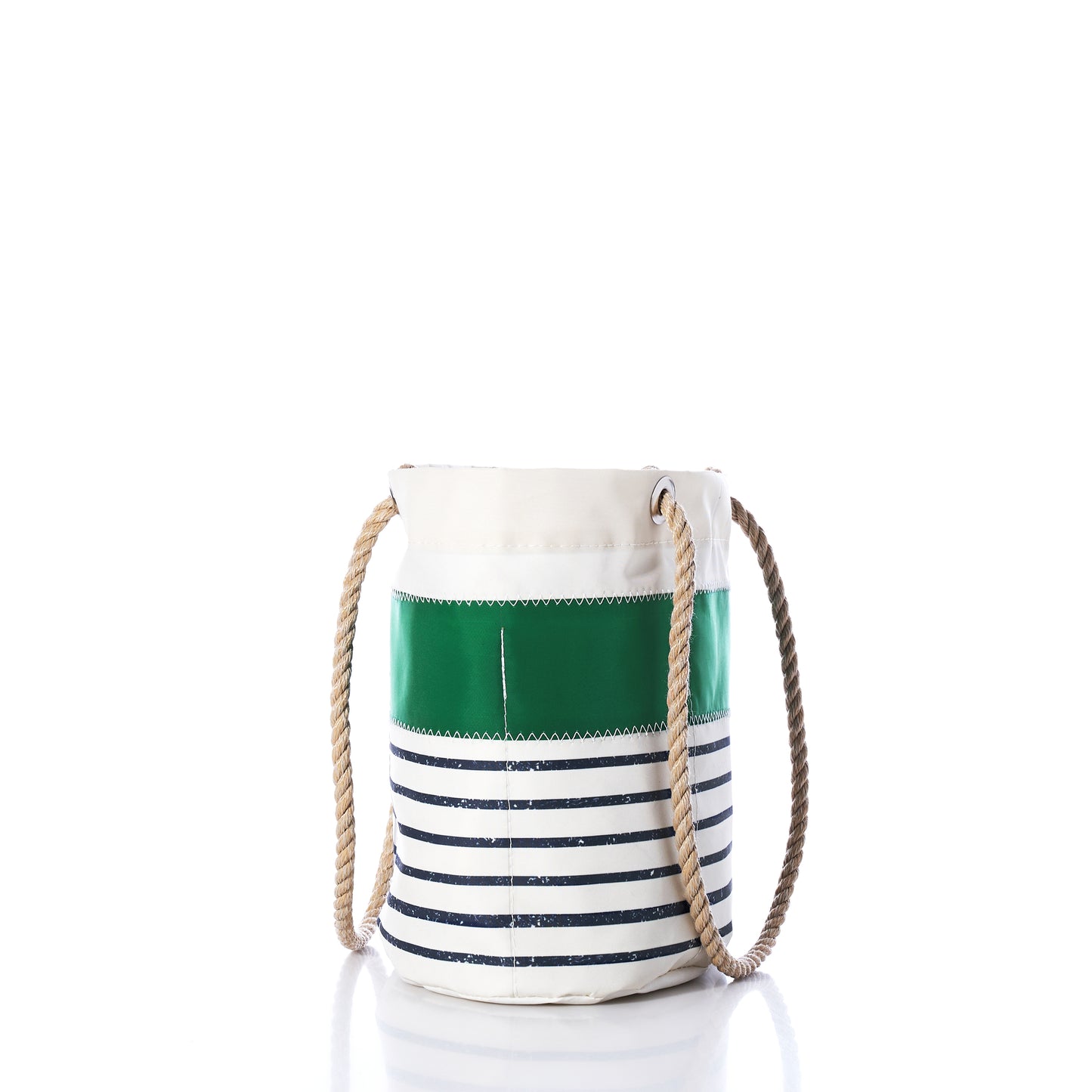 Introducing the Sea Bags Green-on-Navy Mariner Stripe Essential Handbag—a stylish and lightweight canvas bucket bag featuring sturdy rope handles, a distinctive green stripe near the top, and classic navy blue horizontal stripes along the base, all set against a crisp white background for versatile everyday use.