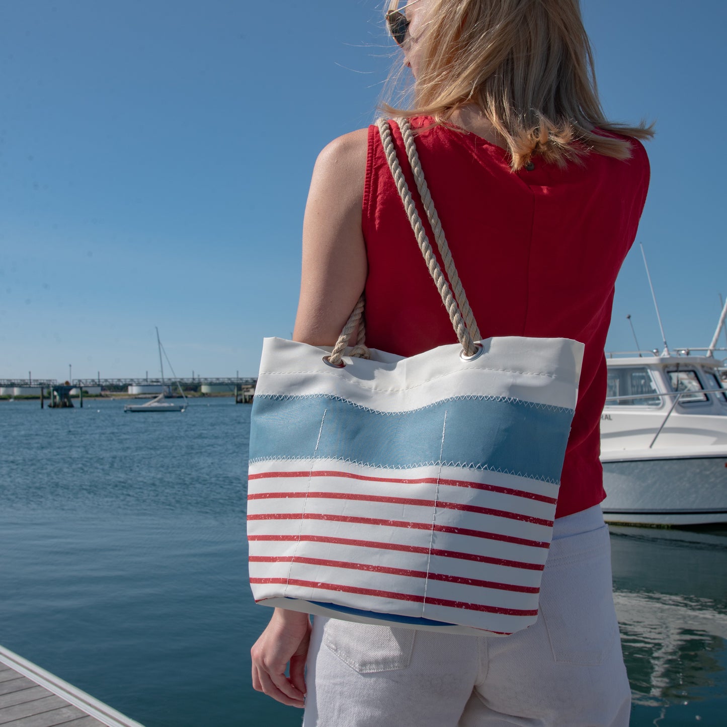 Denim Blue-on-Red Mariner Stripe Essential Handbag