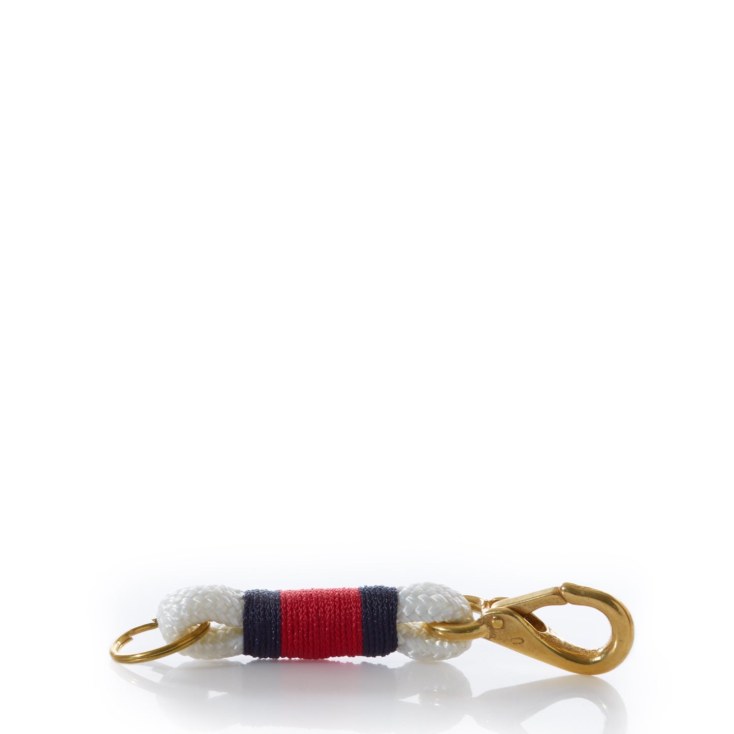 Fishermans Rope Keychain-White/Red by Custom Cordage / DBA Maine Rope Mats, featuring a gold lobster clasp and keyring with a white yacht braid rope section wrapped in red and navy thread, hand made in Maine and shown against a white background. by Sea Bags
