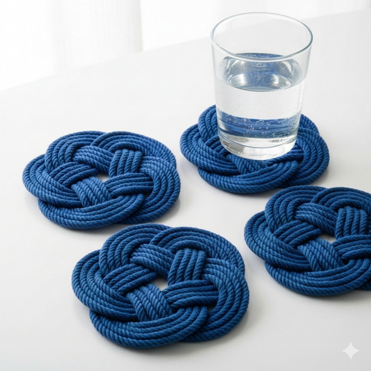 A glass of water rests on one of the Nautical Sailor Knot Coasters Set of 4 - Cobalt by true, with three more matching coasters—each featuring the classic Turk’s head knot design—arranged nearby on a white surface.