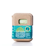 A 4 oz 113 g bar of Planet Botanicals Seaweed Bar Soap, made from natural ingredients with a lemon flower blossom scent, is packaged in a cardboard box featuring a blue label.