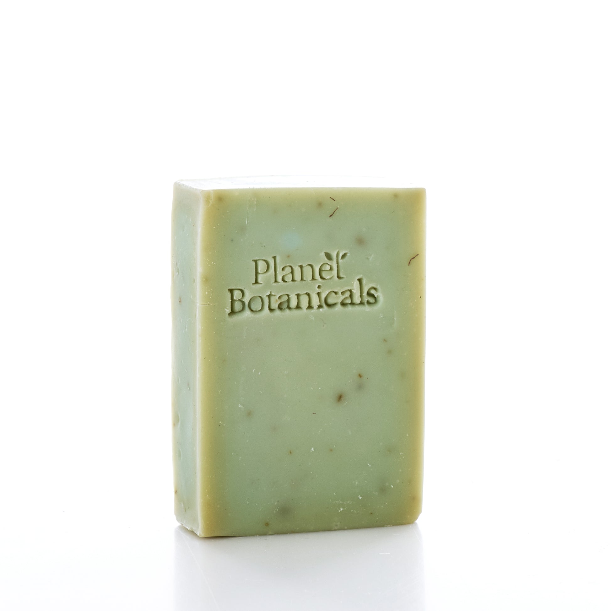 A rectangular green bar of Planet Botanicals Seaweed Bar Soap stands upright on a white background, featuring the brand’s name embossed on its surface and highlighting its natural Maine seaweed ingredients.