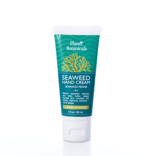 Tube of Planet Botanicals Seaweed Hand Cream 2 oz in Lemon Blossom scent, standing upright against a white background. This hand cream from Planet Botanicals is enriched with nourishing seaweed ingredients for a fresh, coastal feel.