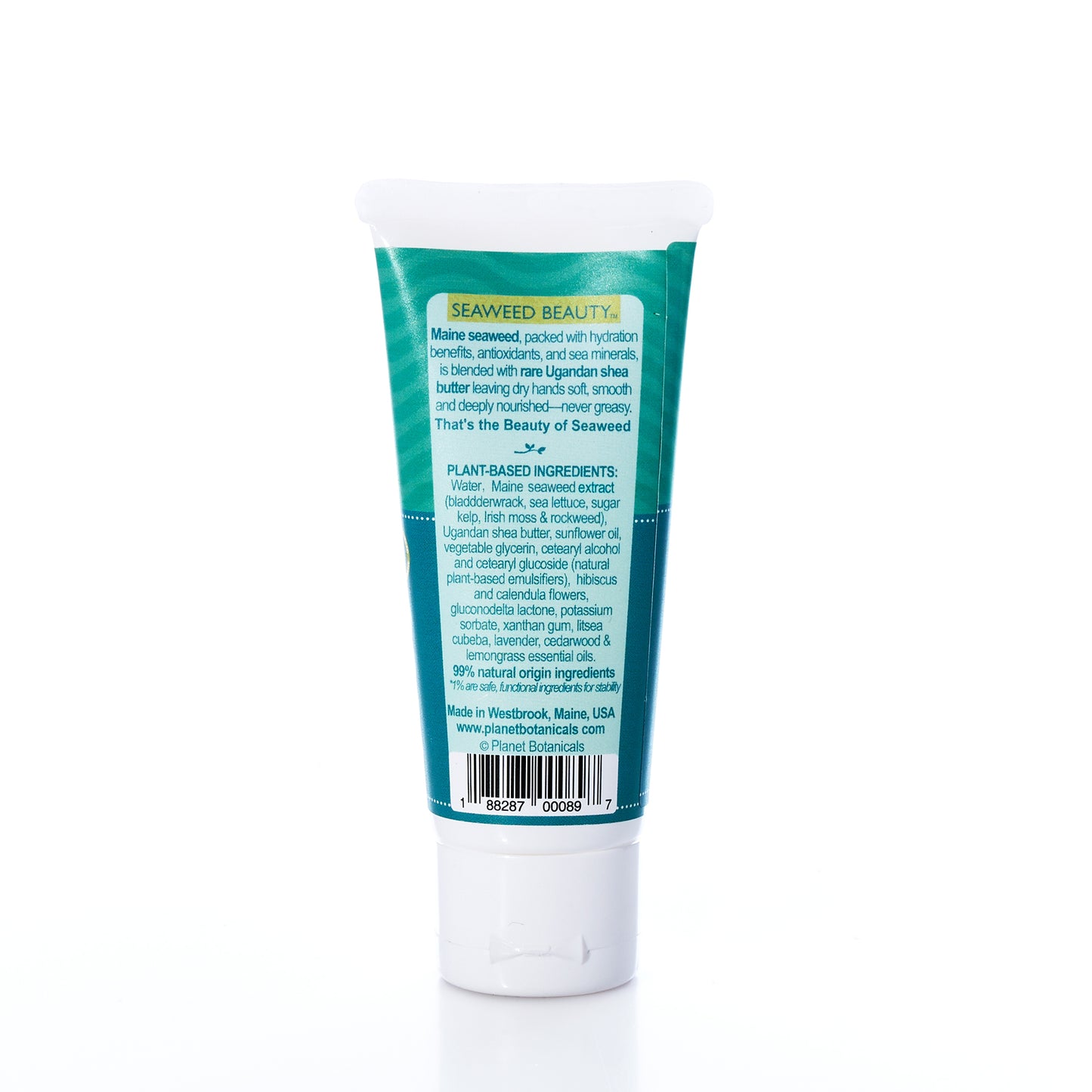 A 2 oz tube of Planet Botanicals Seaweed Hand Cream, labeled with ingredient and company information and featuring a green and blue coastal-inspired design, stands upright on a white background.