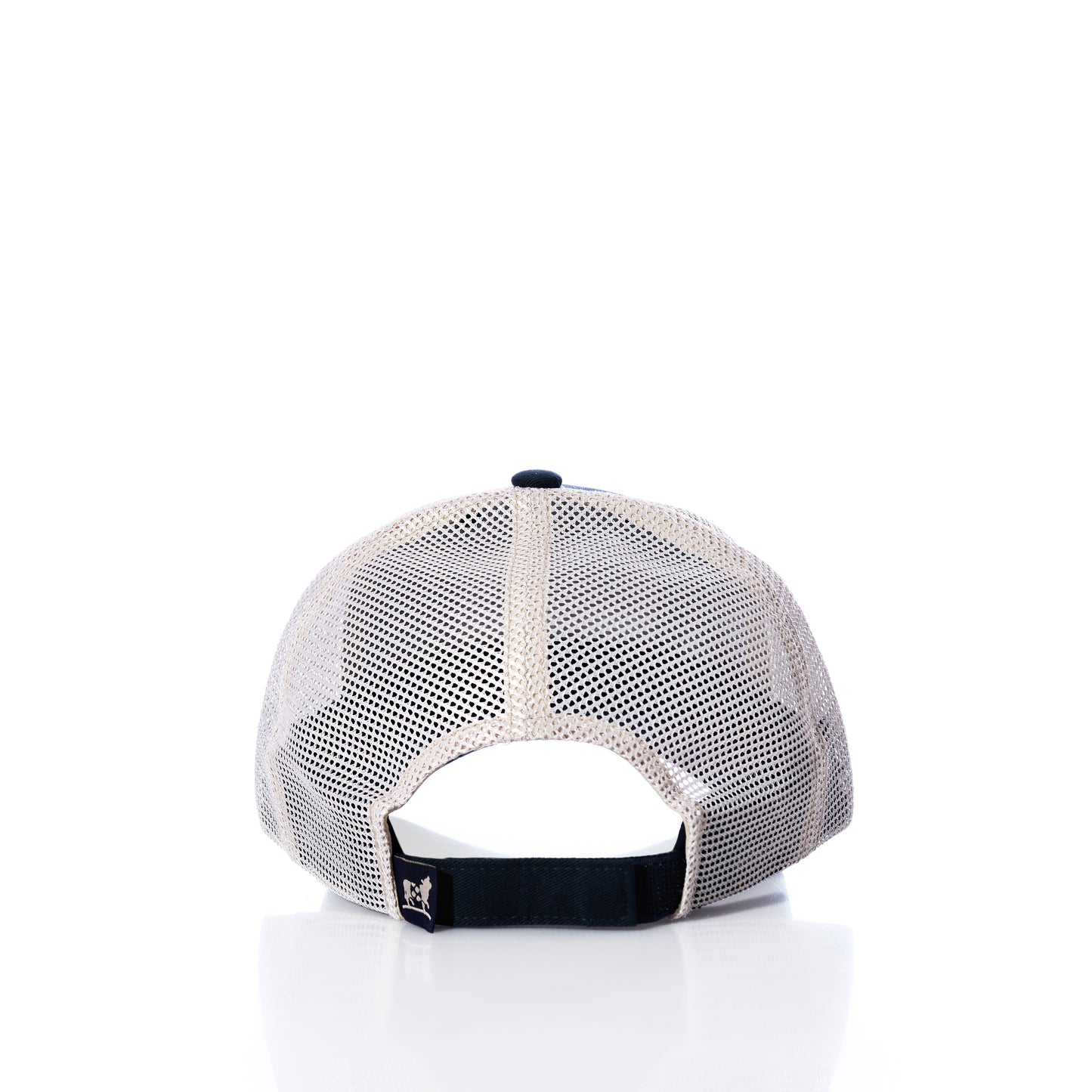 A beige mesh Maine Flag Trucker Hat from True is shown from the back, featuring an adjustable black strap against a white background—bringing classic New England style to any casual outfit.