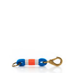 Fishermans Rope Keychain-Blue/Orange by Custom Cordage / DBA Maine Rope Mats, handmade in Maine and inspired by classic nautical keychains, features blue yacht braid rope with a white and orange center stripe, a gold key ring on one end, and a gold clasp on the other, shown against a white background. by Sea Bags