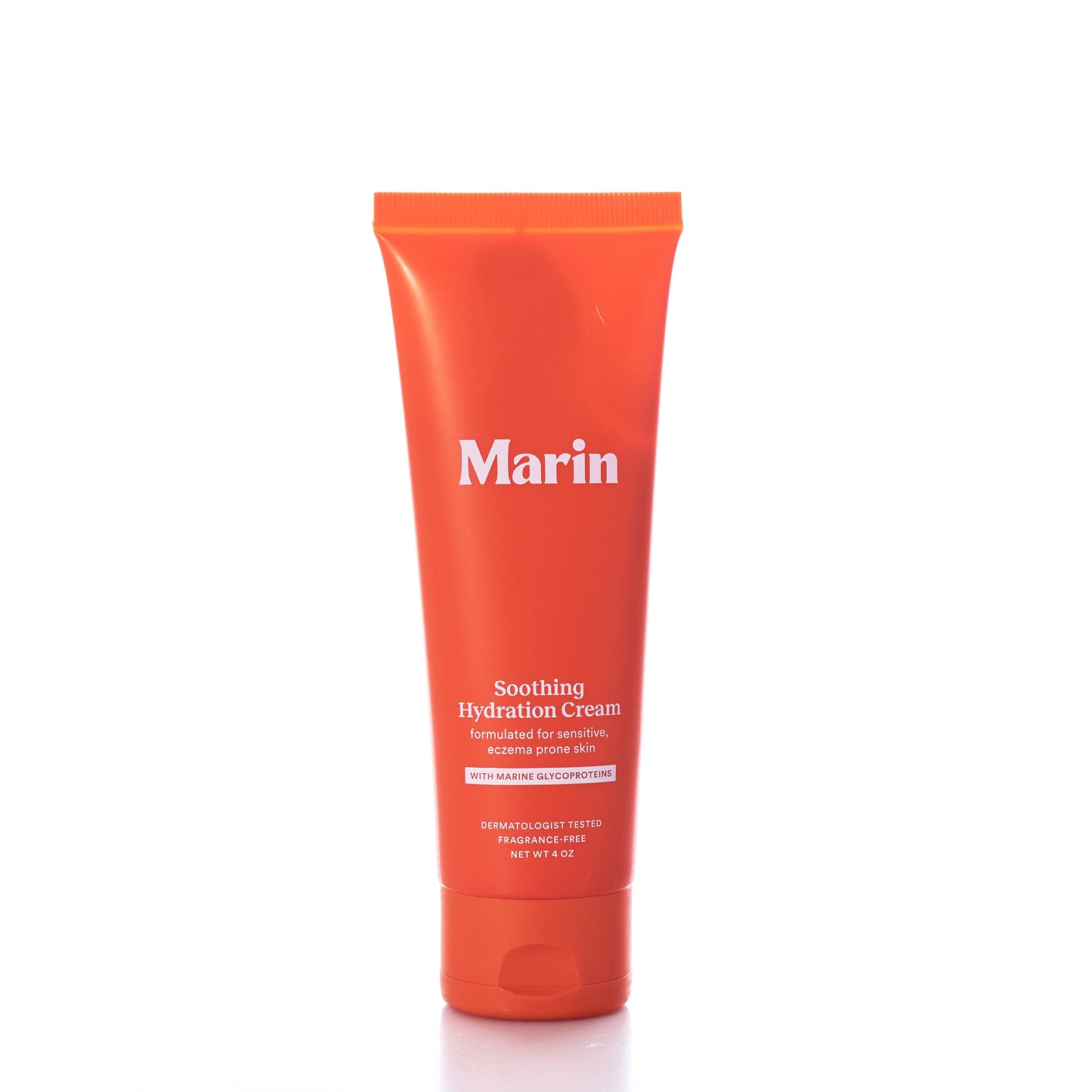 A red tube of Marin Skincare Soothing Hydration Cream for sensitive, eczema-prone skin, designed for barrier support and skin repair, stands upright on a white background.