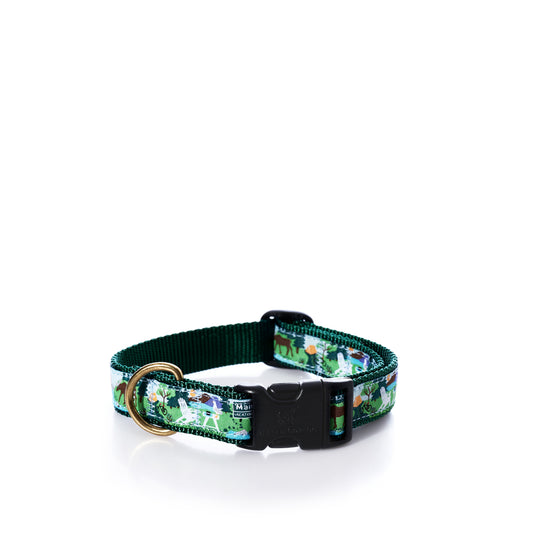 Vacationland Dog Collar by true, an adjustable and durable green dog collar featuring a vibrant printed design on the strap, equipped with a sturdy plastic buckle and metal ring, shown against a white background.