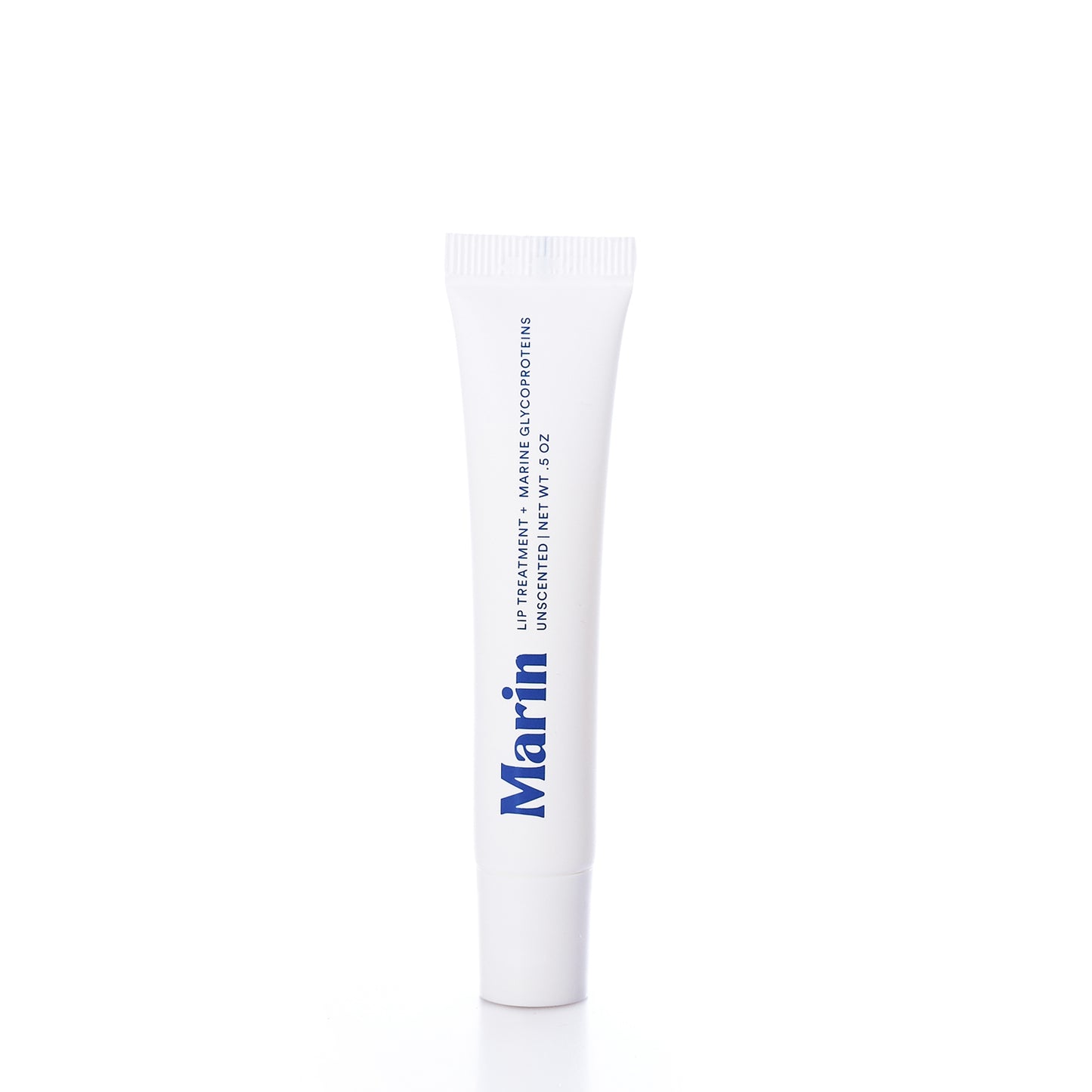 A white tube labeled Marin Skincare stands upright on a white background. The text indicates it is the Marin Lip Treatment - Unscented with marine glycoproteins and a net weight of 0.5 oz, offering a deeply hydrating formula for smooth, nourished lips.