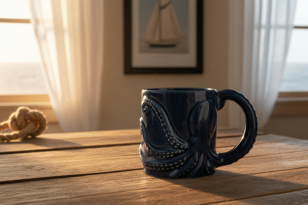 A Batela USA Inc Blue Octopus Mug rests on a wooden table in a sunlit room decorated with white curtains and nautical accents, adding a whimsical charm to the inviting space. by Sea Bags