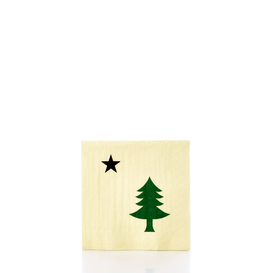 The Maine Bicentennial Cocktail Napkins by Boston International feature a yellow background with a green pine tree and a black star, inspired by the historic pine-tree-and-star flag, and are shown centered against a white backdrop. by Sea Bags