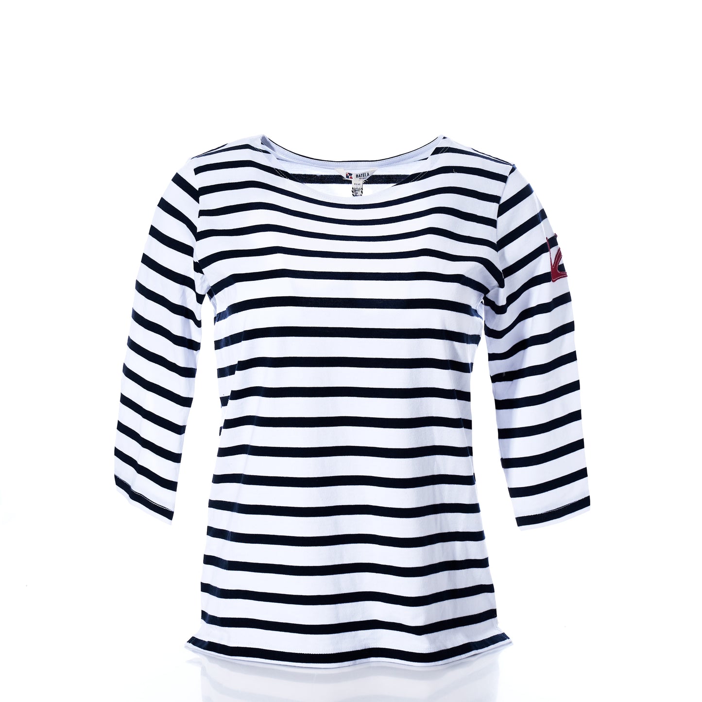A navy and white 3/4 sleeve boatneck top by Batela USA Inc, featuring classic Breton stripes and a small red anchor emblem on the left sleeve, displayed on a plain white background.