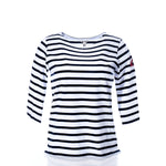 A navy and white 3/4 sleeve boatneck top by Batela USA Inc, featuring classic Breton stripes and a small red anchor emblem on the left sleeve, displayed on a plain white background.