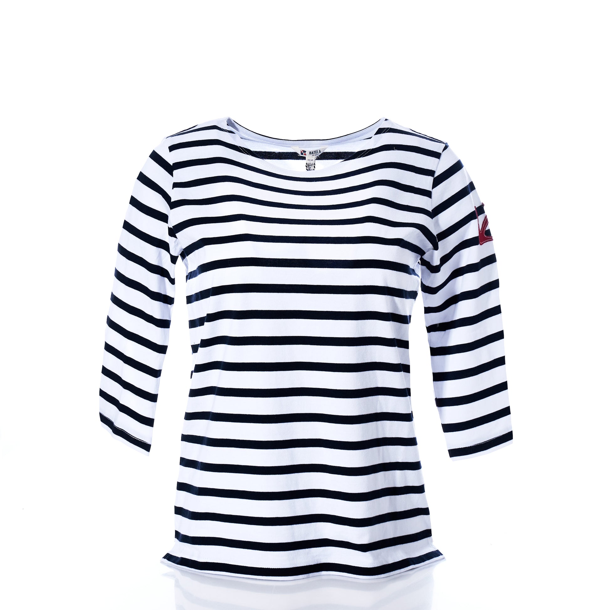 A navy and white 3/4 sleeve boatneck top by Batela USA Inc, featuring classic Breton stripes and a small red anchor emblem on the left sleeve, displayed on a plain white background.
