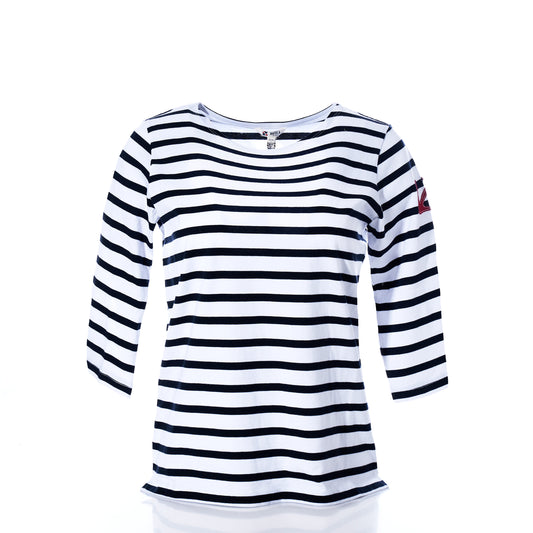 A navy and white 3/4 sleeve boatneck top by Batela USA Inc, featuring classic Breton stripes and a small red anchor emblem on the left sleeve, displayed on a plain white background.