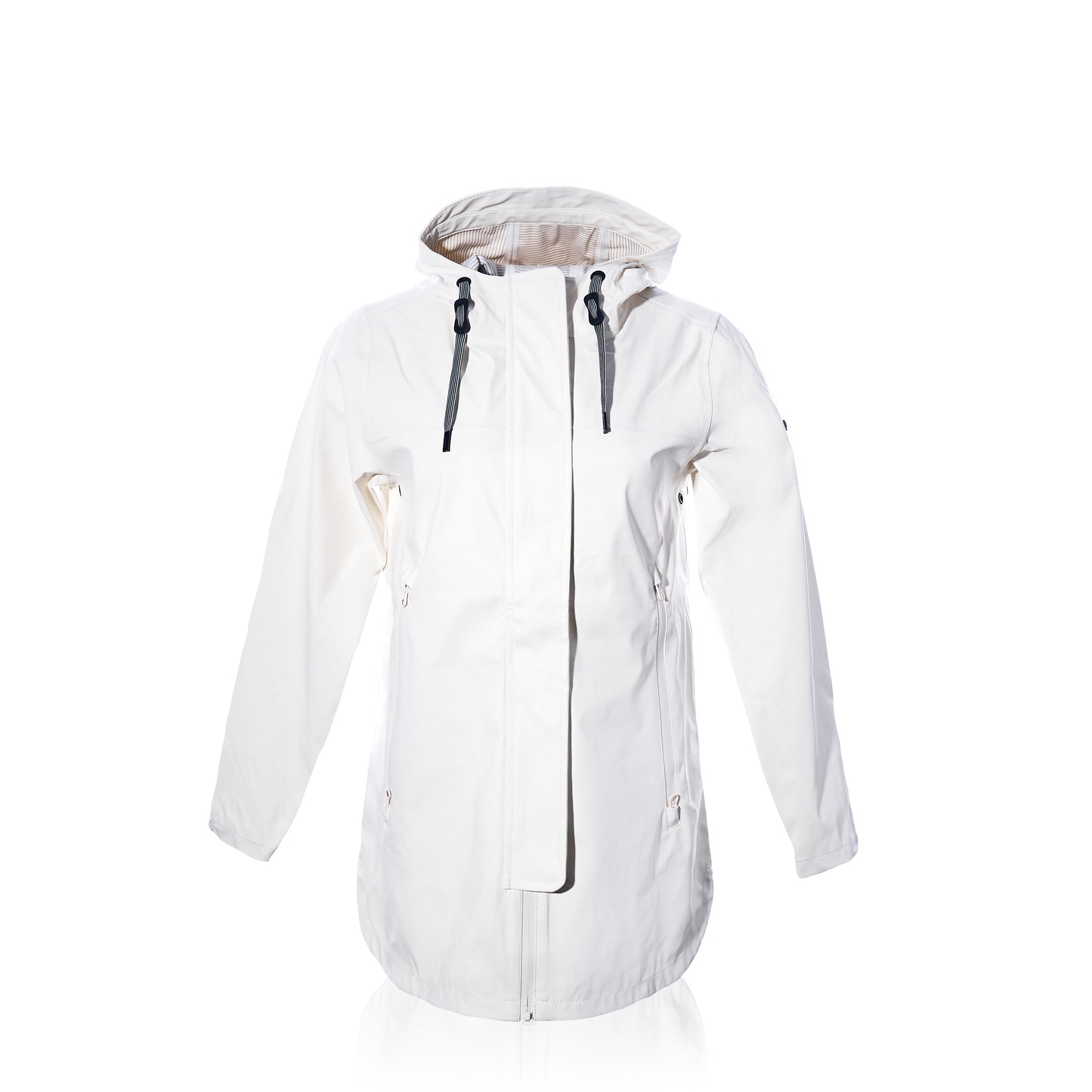 The Harborside Waterproof Raincoat in white by Batela USA Inc is a hooded rain jacket featuring black drawstrings, a front zipper, and two side pockets. Its waterproof shell makes it ideal for coastal weather, and it is displayed on a plain white background. by Sea Bags