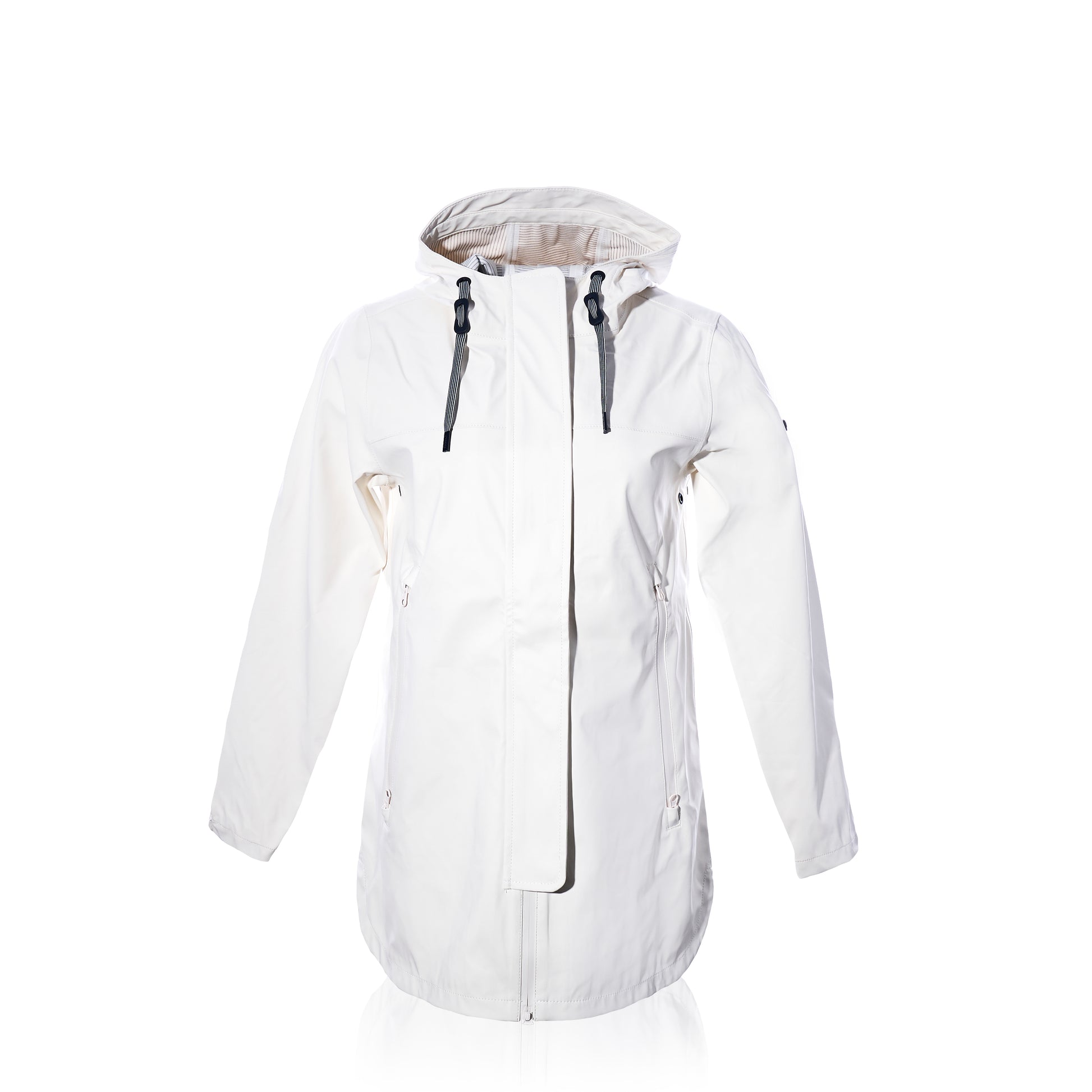 The Harborside Waterproof Raincoat in white by Batela USA Inc is a hooded rain jacket featuring black drawstrings, a front zipper, and two side pockets. Its waterproof shell makes it ideal for coastal weather, and it is displayed on a plain white background. by Sea Bags