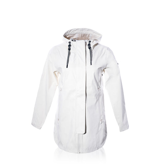 The Harborside Waterproof Raincoat in white by Batela USA Inc is a hooded rain jacket featuring black drawstrings, a front zipper, and two side pockets. Its waterproof shell makes it ideal for coastal weather, and it is displayed on a plain white background. by Sea Bags