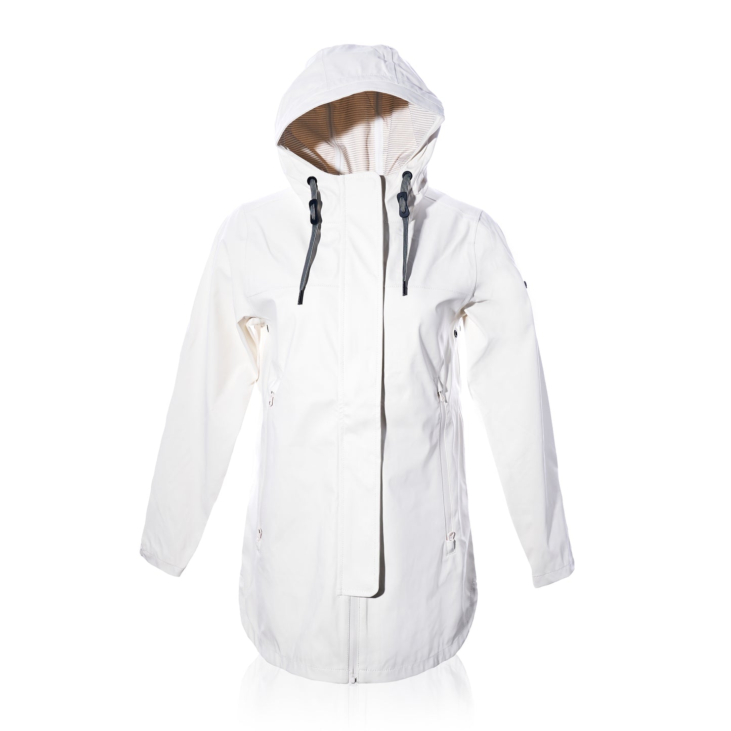 Harborside Waterproof Raincoat in white by Batela USA Inc, featuring black drawstrings and a hood, displayed front-facing on a plain white background with slightly bent sleeves—a stylish waterproof shell expertly crafted to keep you dry in unpredictable coastal weather. by Sea Bags