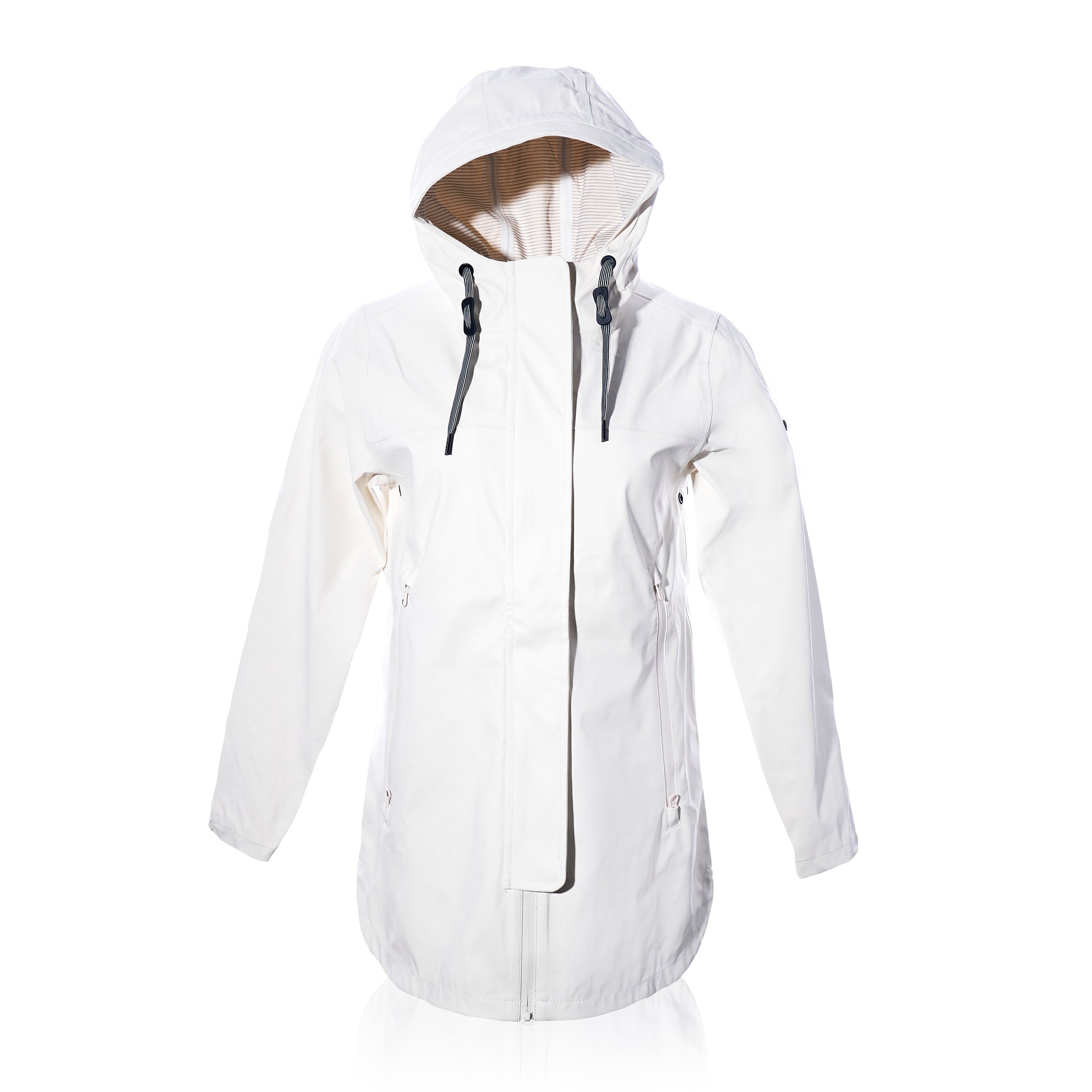 Harborside Waterproof Raincoat in white by Batela USA Inc, featuring black drawstrings and a hood, displayed front-facing on a plain white background with slightly bent sleeves—a stylish waterproof shell expertly crafted to keep you dry in unpredictable coastal weather. by Sea Bags