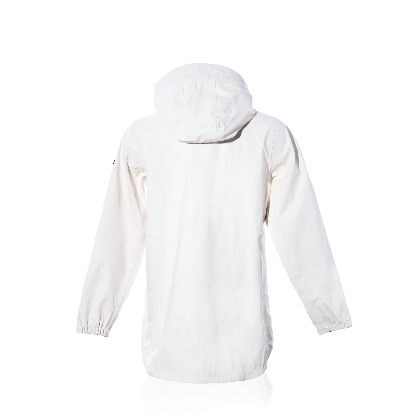 Back view of the Batela USA Inc Harborside Waterproof Raincoat in white, featuring a lightweight waterproof shell, long sleeves with elastic cuffs, and a plain hooded design—perfect for coastal weather—displayed on a white background. by Sea Bags