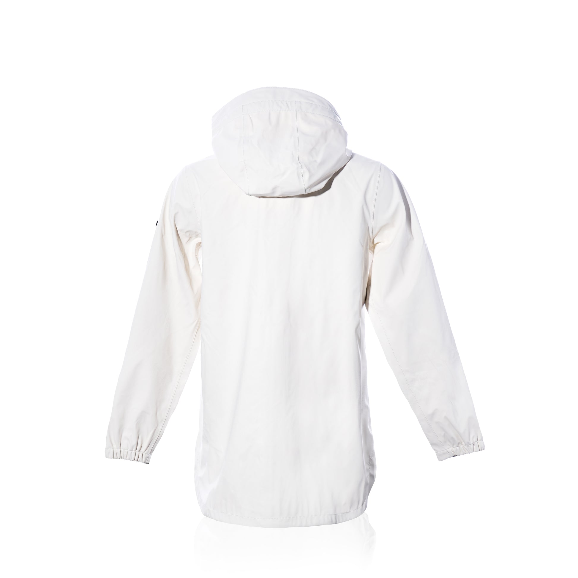 Back view of the Batela USA Inc Harborside Waterproof Raincoat in white, featuring a lightweight waterproof shell, long sleeves with elastic cuffs, and a plain hooded design—perfect for coastal weather—displayed on a white background. by Sea Bags