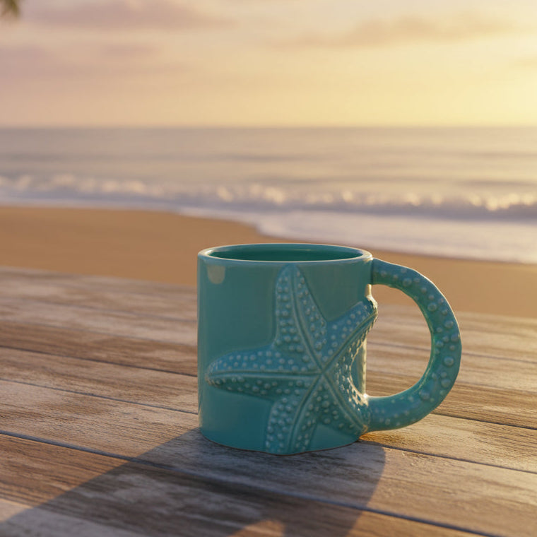 A turquoise ceramic mug featuring a raised starfish design on the side and a matching curved handle, set against a plain white background.