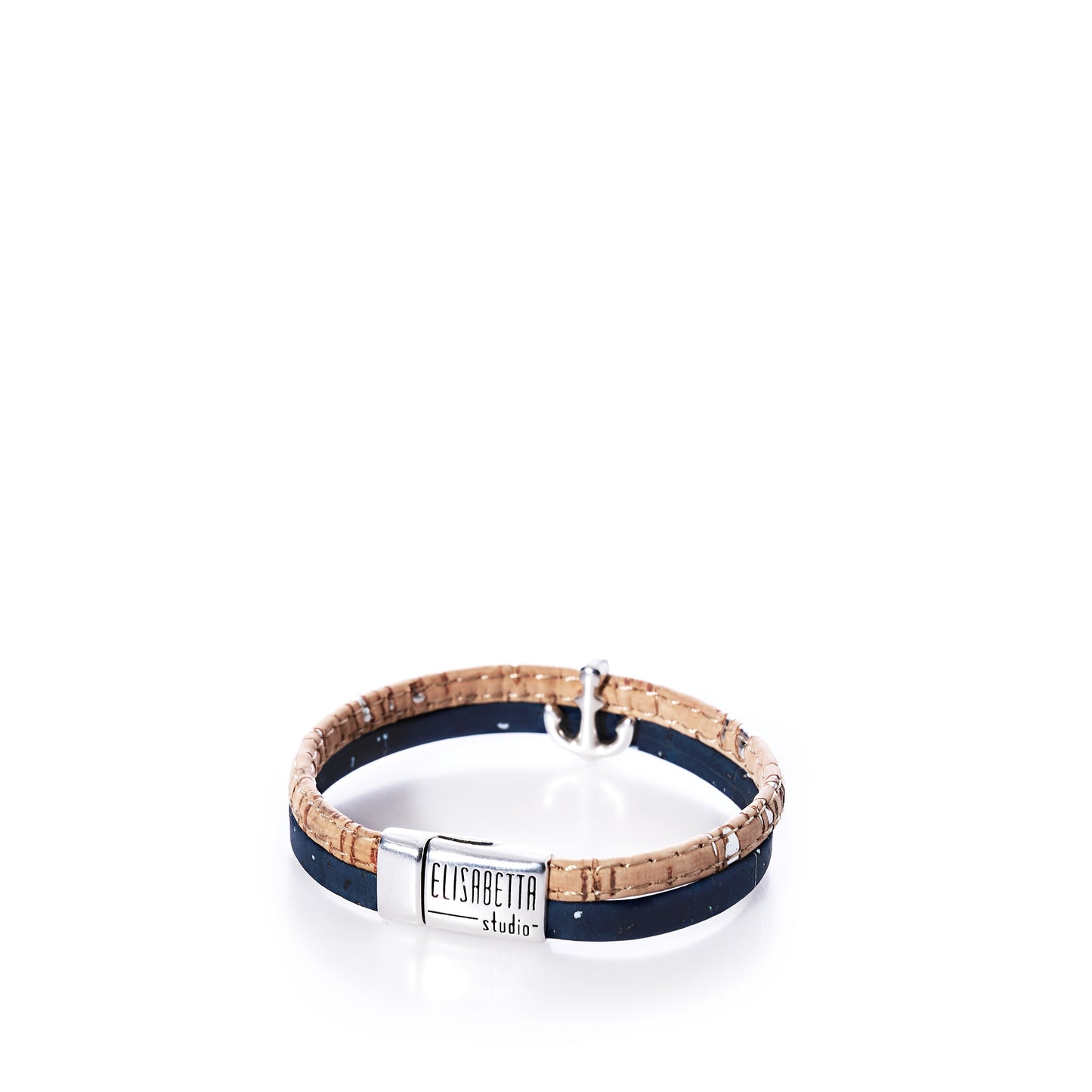The Classic Cork Bracelet Anchor on Navy by Elisabetta Studio is displayed on a white background, featuring a magnetic nickel-free clasp engraved with the brand name. by Sea Bags