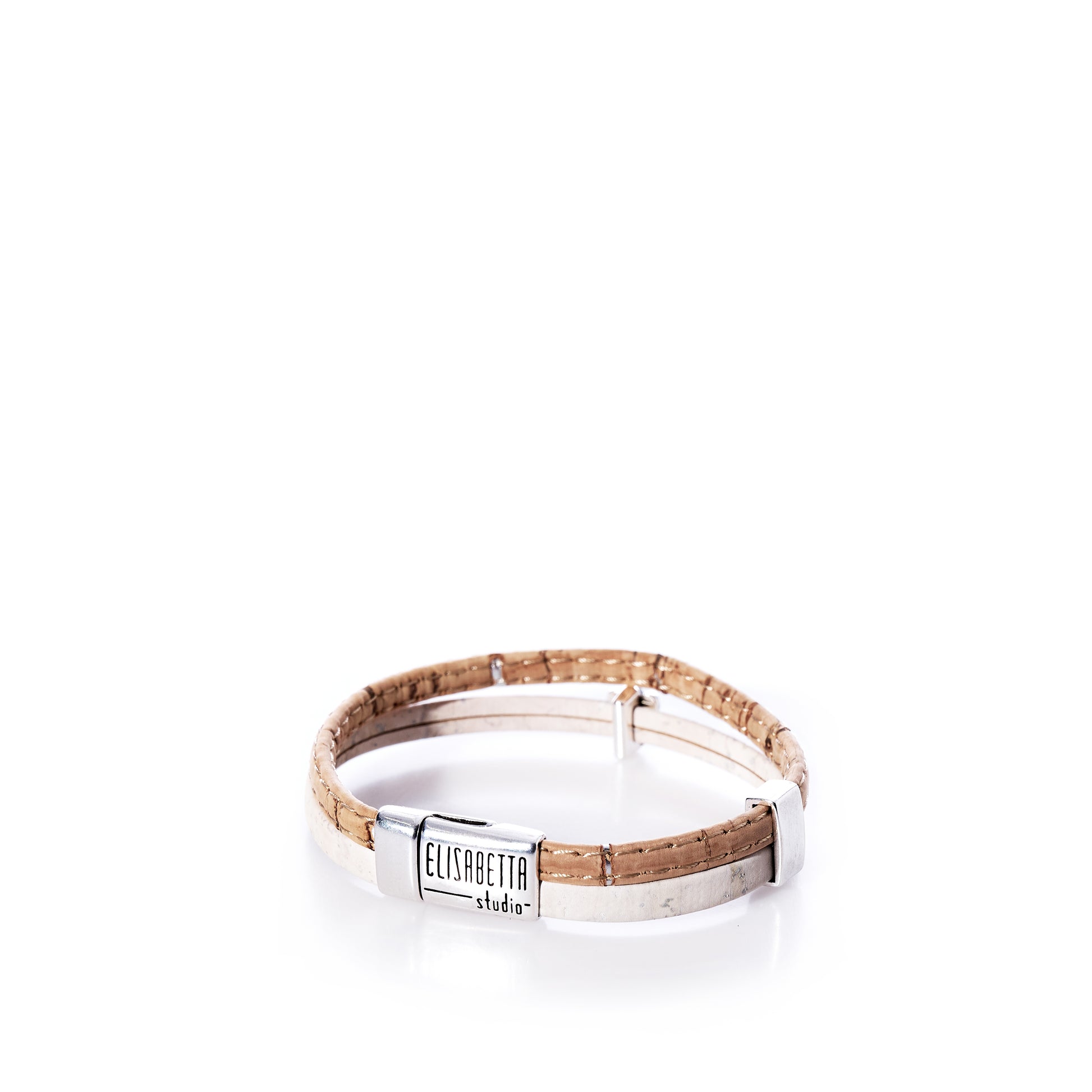 Tan and silver Classic Cork Bracelet Paw on White by Elisabetta Studio, featuring a metal clasp engraved with the brand name, displayed on a white background. by Sea Bags