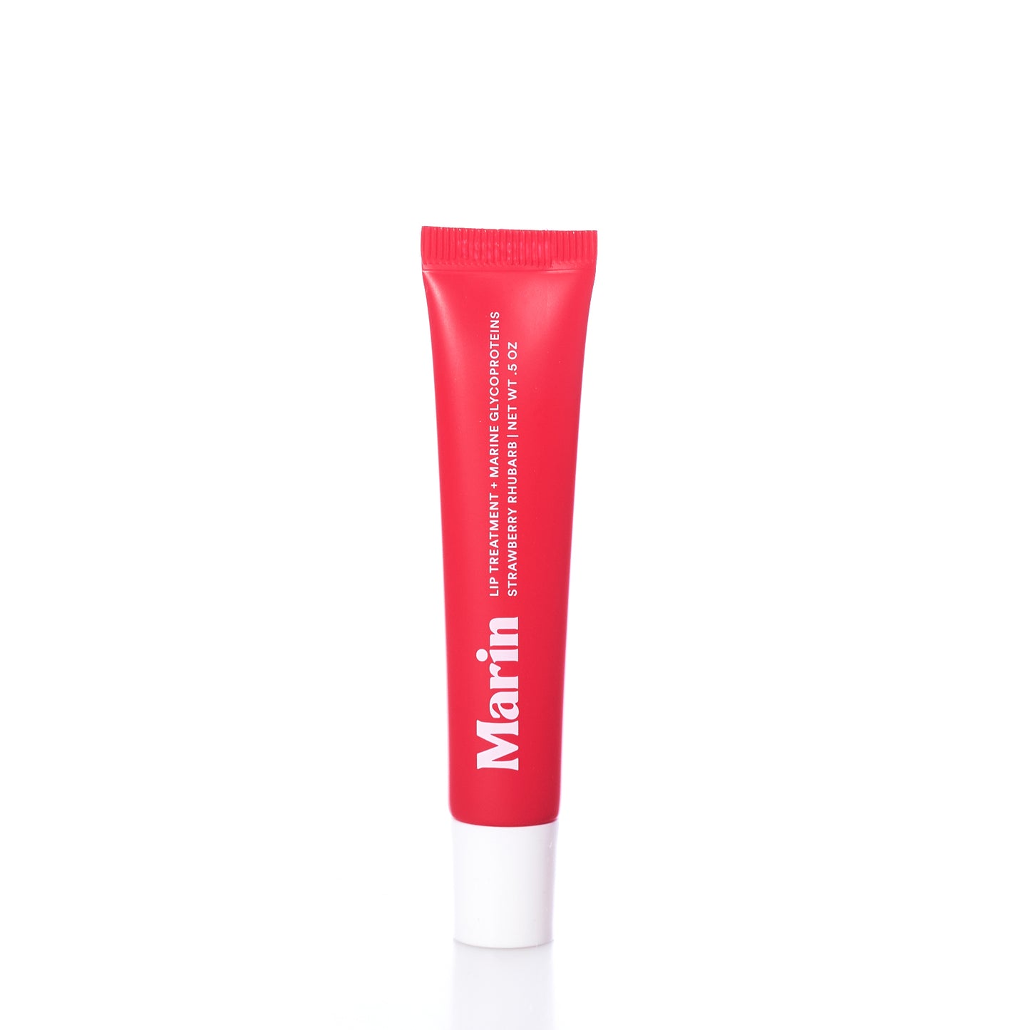 A red tube labeled Marin Skincare stands upright on a white surface. The text indicates it is the Marin Lip Treatment - Strawberry Rhubarb in a plastic container with a white cap, specially formulated with Marine Glycoproteins for enhanced lip hydration. by Sea Bags