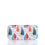 The Kate Nelligan Full Sail Tray by Trays4Us features colorful sailboat illustrations and wavy lines on a white background, expertly crafted from Scandinavian birch in Finland, and is shown photographed against a plain white surface. by Sea Bags