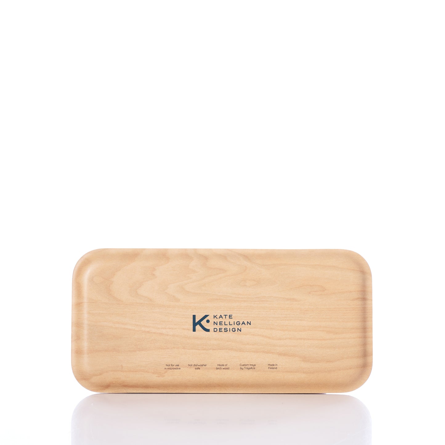 A rectangular wooden box, the Kate Nelligan Full Sail Tray by Trays4Us, crafted from Scandinavian birch with rounded edges and Kate Nelligan Design printed on the lid, is shown against a white background. by Sea Bags