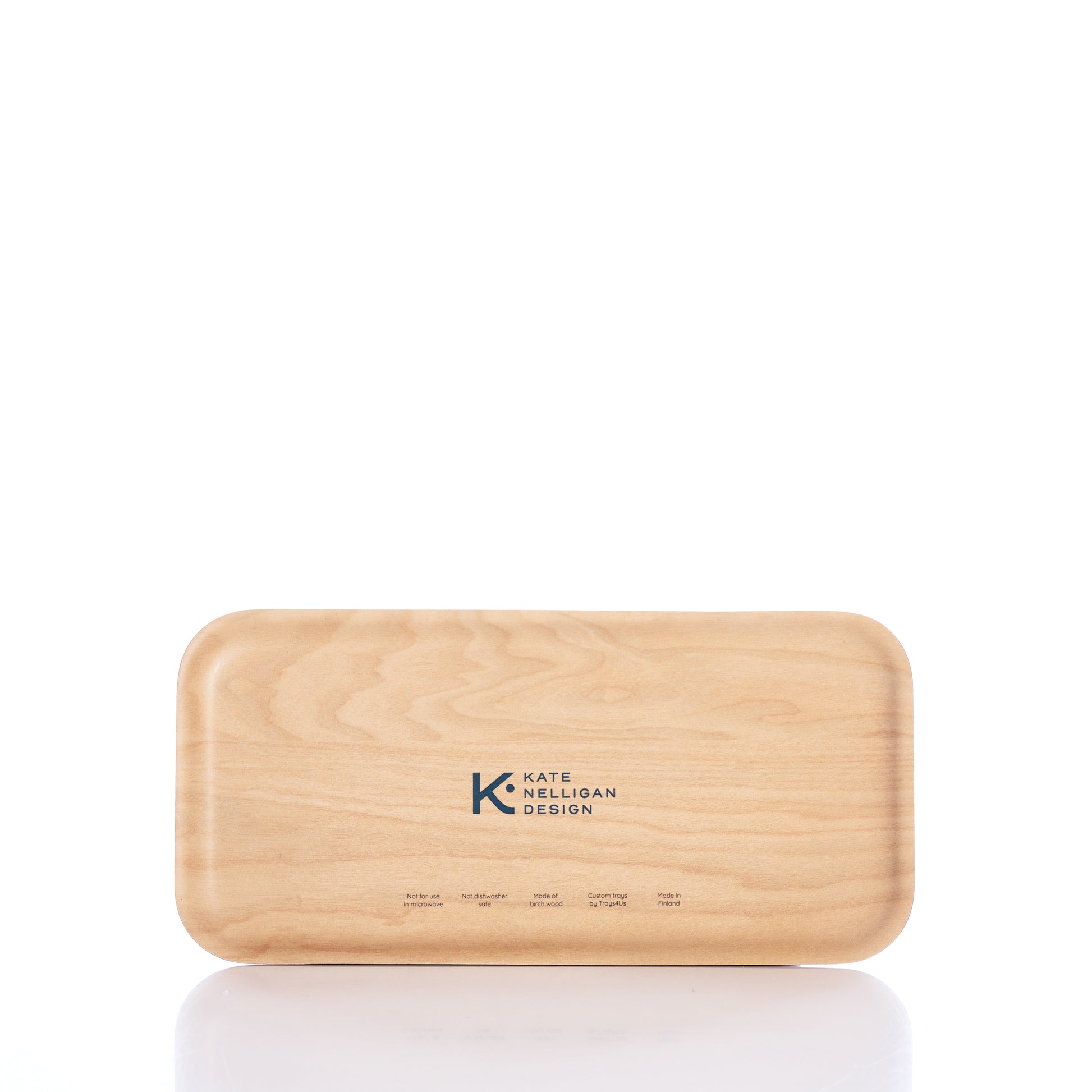 A rectangular wooden box, the Kate Nelligan Full Sail Tray by Trays4Us, crafted from Scandinavian birch with rounded edges and Kate Nelligan Design printed on the lid, is shown against a white background. by Sea Bags
