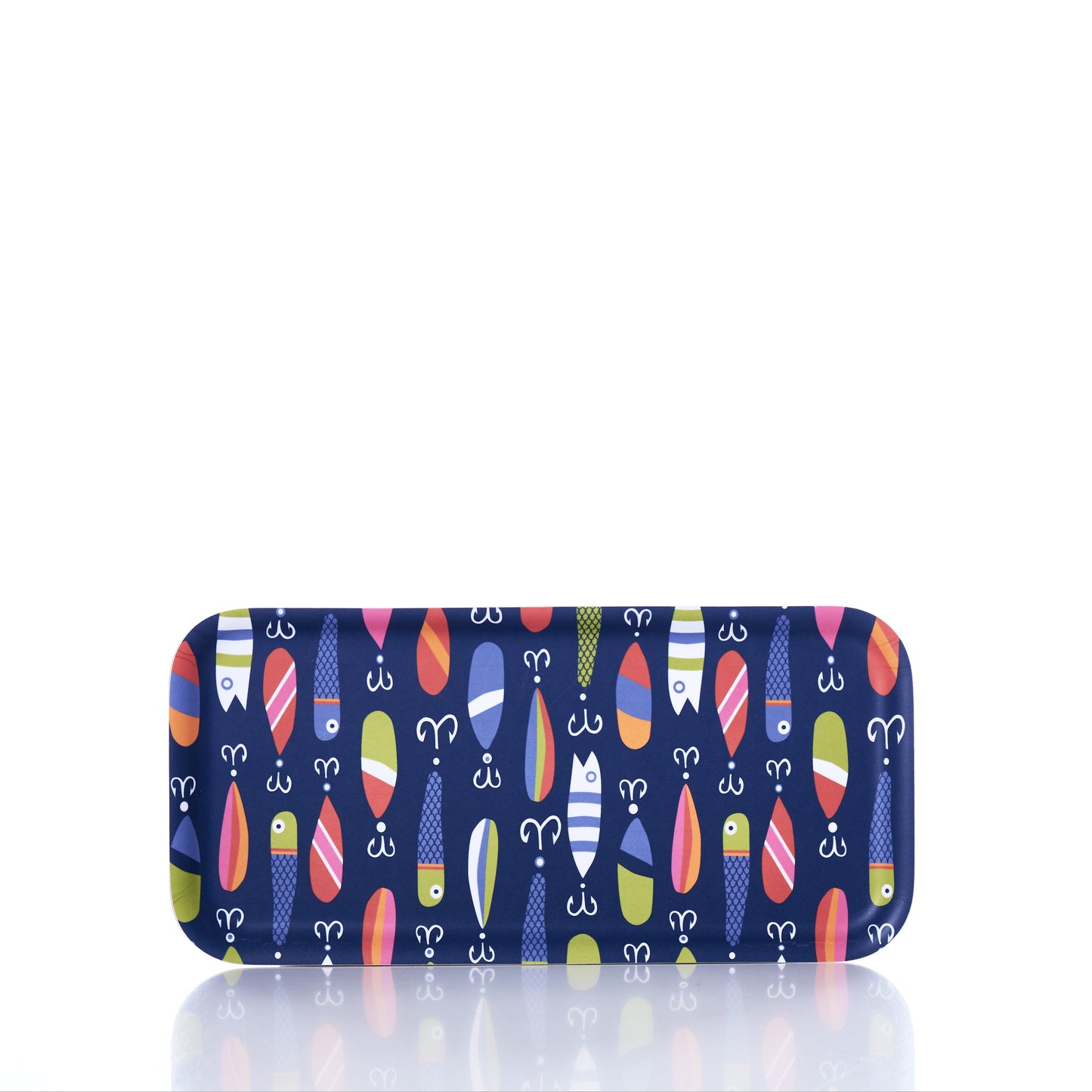 The Trays4Us Kate Nelligan Lures Tray is a rectangular blue tray adorned with a vibrant pattern of stylized fish, hooks, and bobbers. Crafted from Scandinavian birch and made in Finland, the tray is shown against a white background with a reflective surface below, showcasing its colorful Kate Nelligan Lures design. by Sea Bags