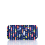 The Trays4Us Kate Nelligan Lures Tray is a rectangular blue tray adorned with a vibrant pattern of stylized fish, hooks, and bobbers. Crafted from Scandinavian birch and made in Finland, the tray is shown against a white background with a reflective surface below, showcasing its colorful Kate Nelligan Lures design. by Sea Bags