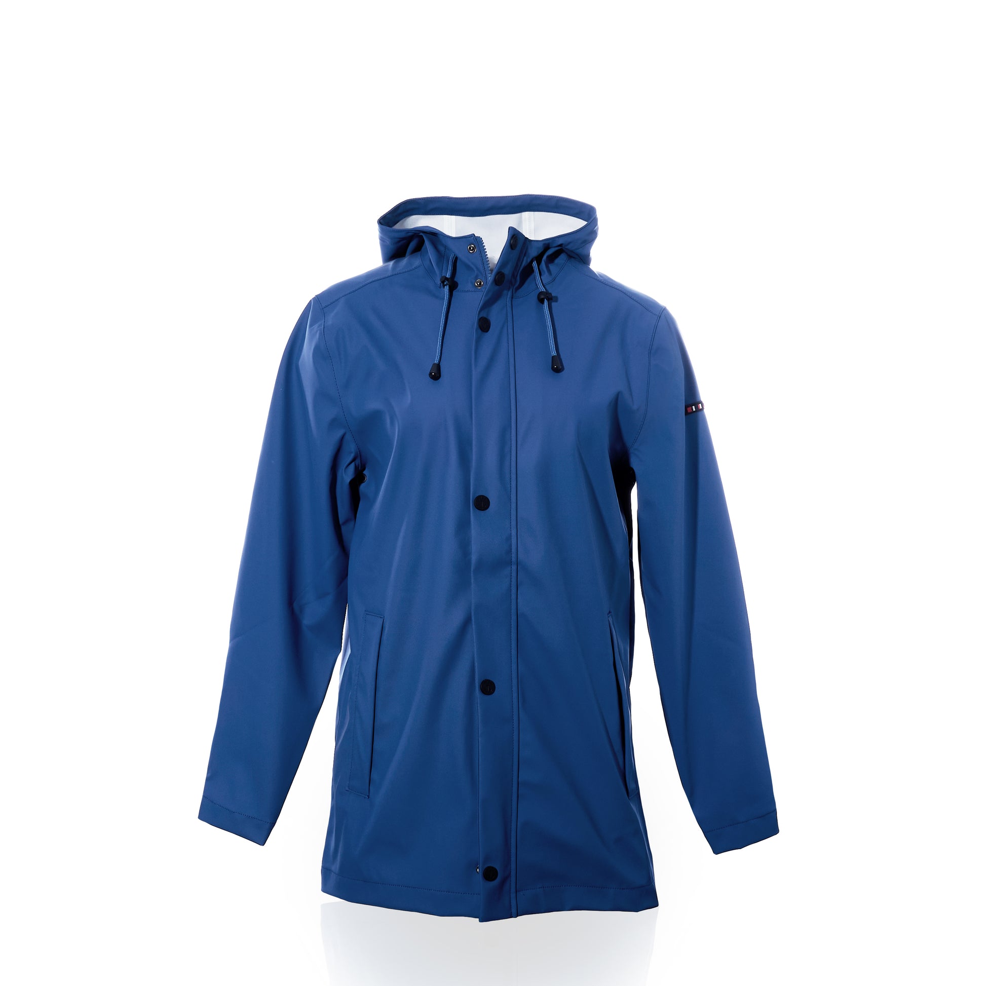 The Harborside Waterproof Raincoat - High Tide by Batela USA Inc is a blue hooded rain jacket with front buttons and black drawstrings, featuring a waterproof shell ideal for coastal adventures, shown on a plain white background. by Sea Bags