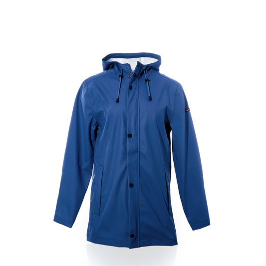 The Harborside Waterproof Raincoat - High Tide by Batela USA Inc is a blue hooded rain jacket with front buttons and black drawstrings, featuring a waterproof shell ideal for coastal adventures, shown on a plain white background. by Sea Bags