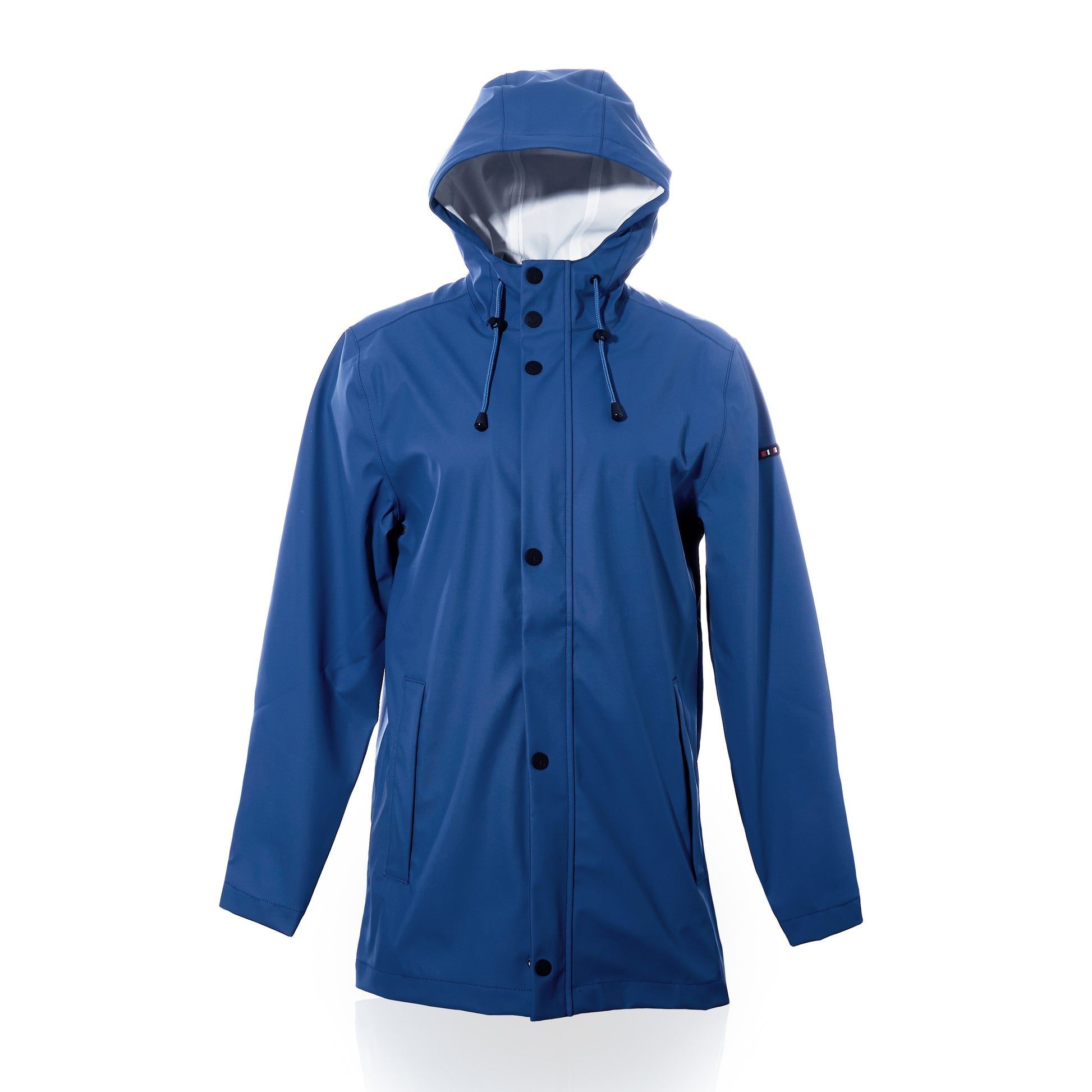 The Batela USA Inc Harborside Waterproof Raincoat - High Tide is shown on a white background, featuring a blue waterproof shell, front buttons, and drawstrings—perfect for coastal adventures. by Sea Bags