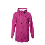 The Harborside Waterproof Raincoat in Fuchsia by Batela USA Inc is showcased against a white background, featuring black buttons, adjustable drawstrings, and a waterproof shell—ideal for coastal adventures. by Sea Bags