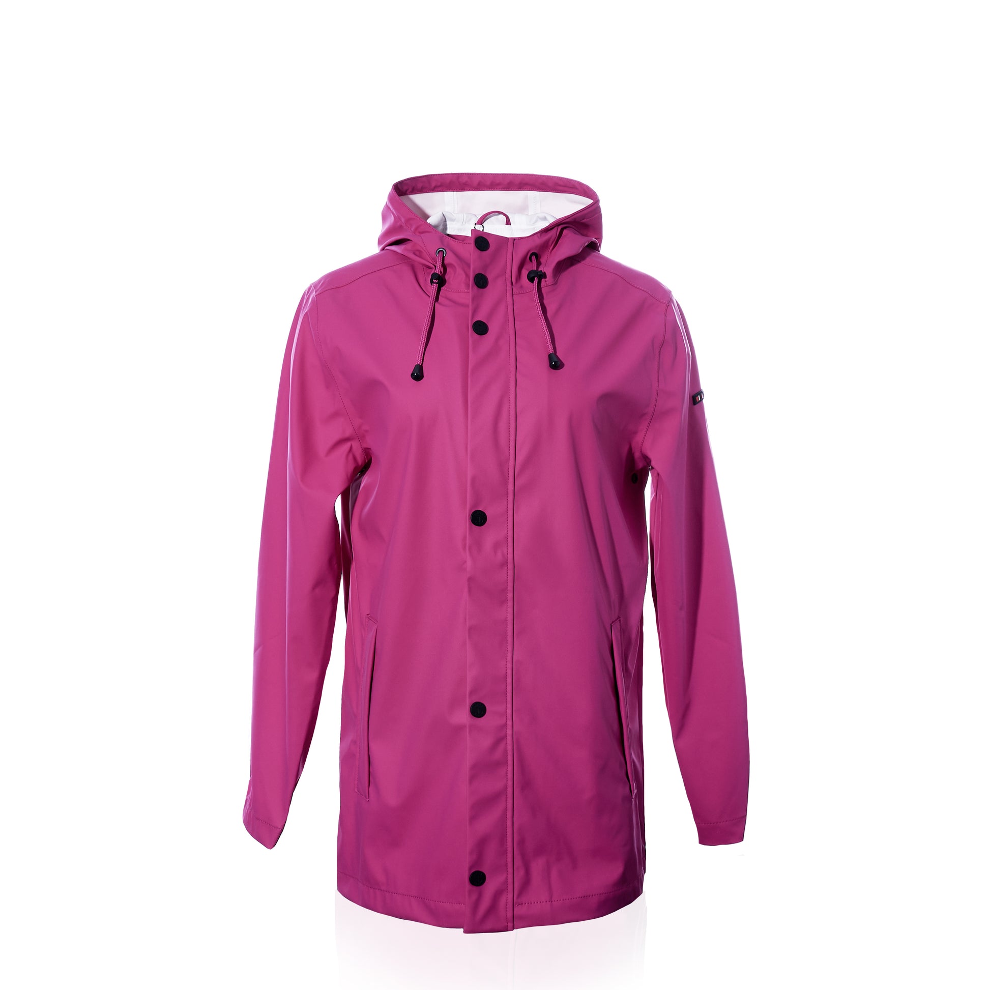 The Harborside Waterproof Raincoat in Fuchsia by Batela USA Inc is showcased against a white background, featuring black buttons, adjustable drawstrings, and a waterproof shell—ideal for coastal adventures. by Sea Bags
