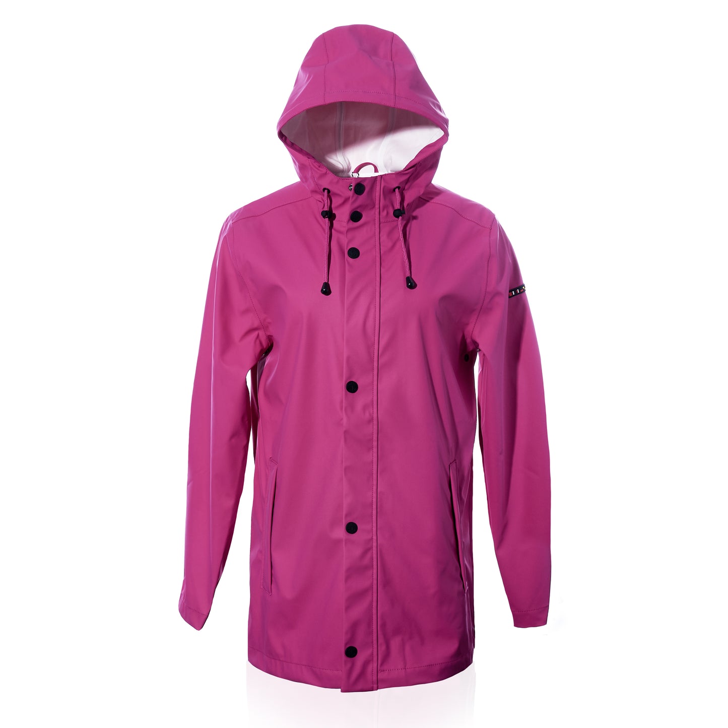 The Harborside Waterproof Raincoat in fuchsia by Batela USA Inc features black buttons, drawstrings, and a waterproof shell perfect for coastal adventures, showcased against a white background. by Sea Bags
