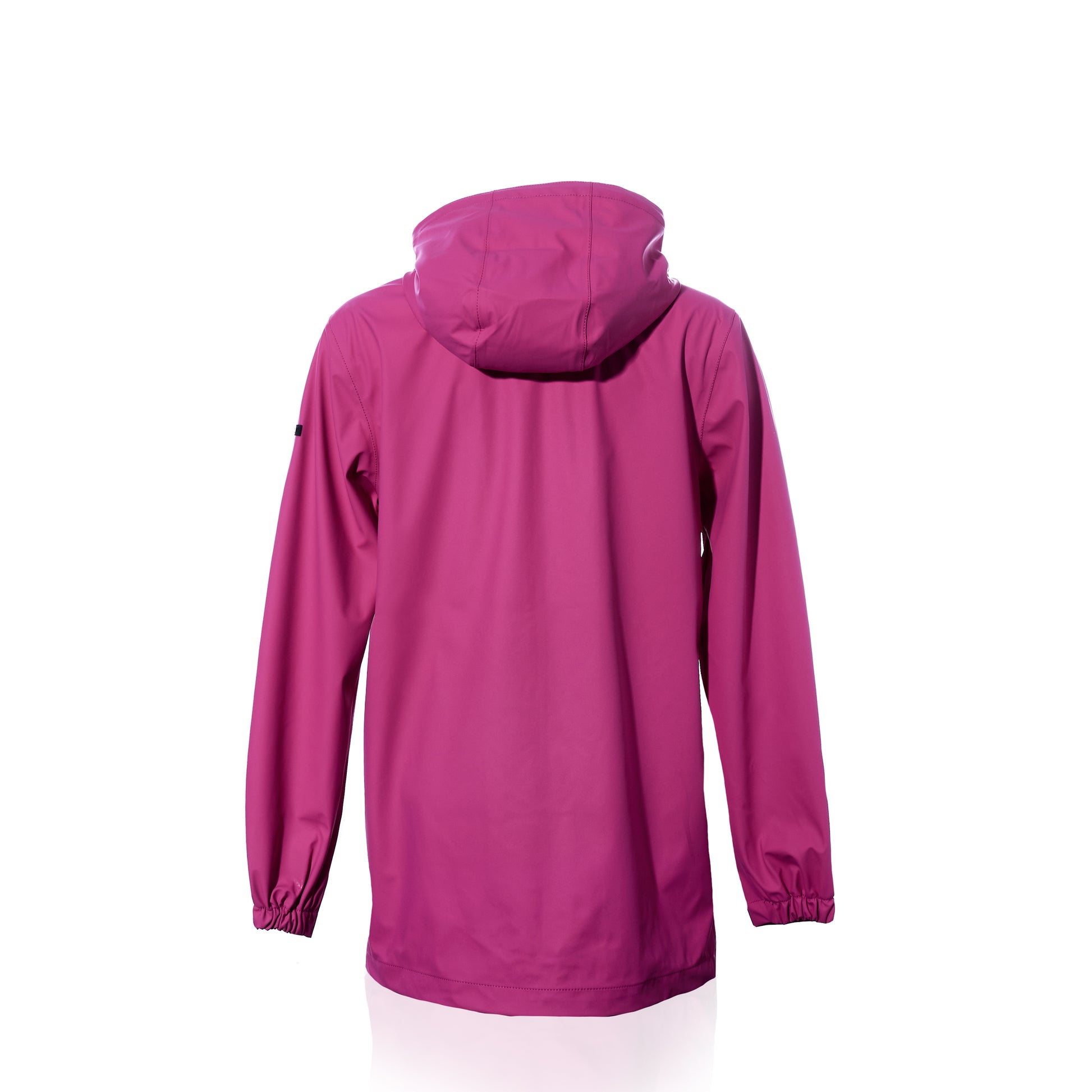 The Batela USA Inc Harborside Waterproof Raincoat in fuchsia is shown from the back against a white background, featuring long sleeves with elastic cuffs—a stylish and functional waterproof shell, perfect for coastal adventures. by Sea Bags