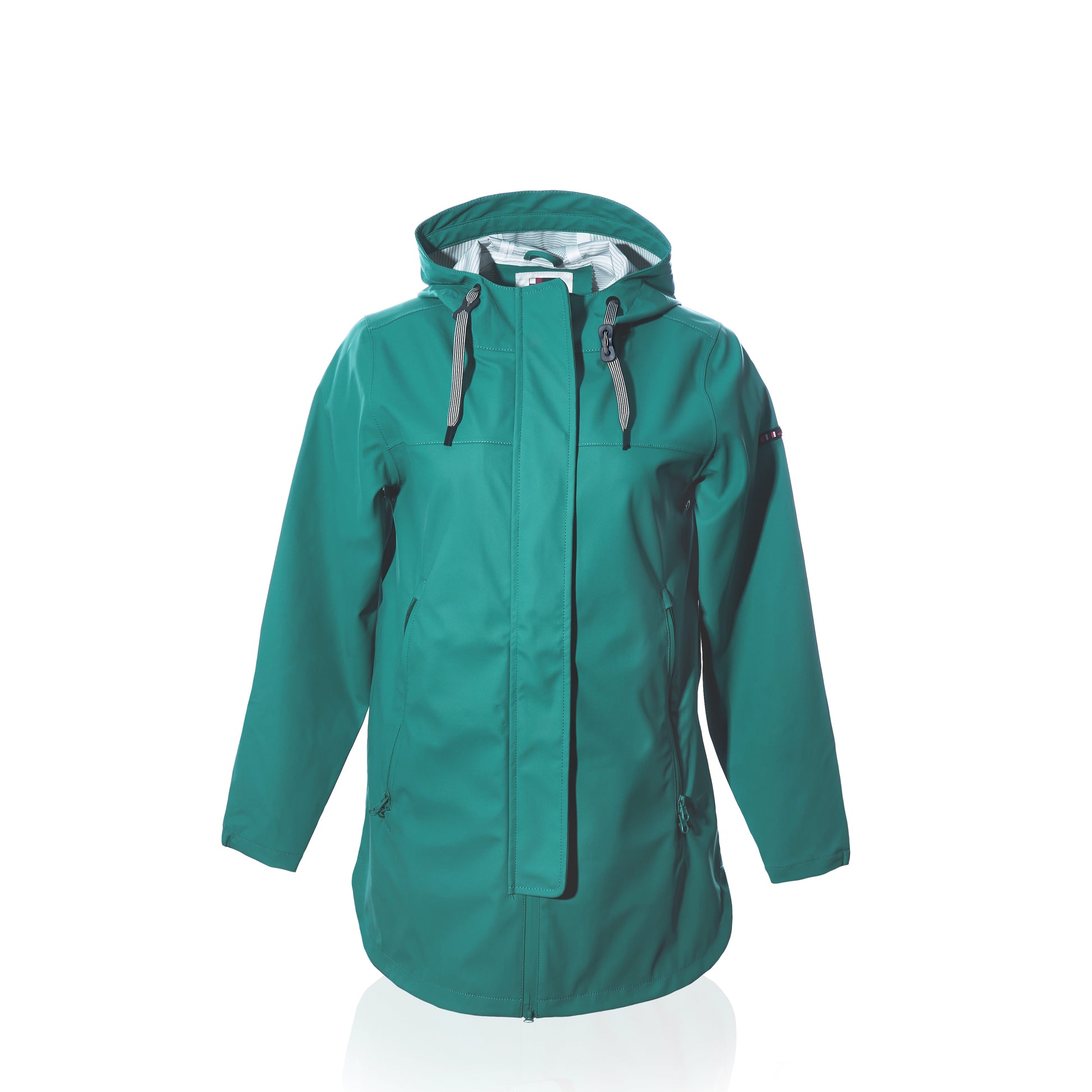Harborside Waterproof Raincoat - Teal by Batela USA Inc, a unisex waterproof shell jacket featuring a hood with adjustable drawstrings, front zipper, and two side pockets, displayed on a white background. by Sea Bags