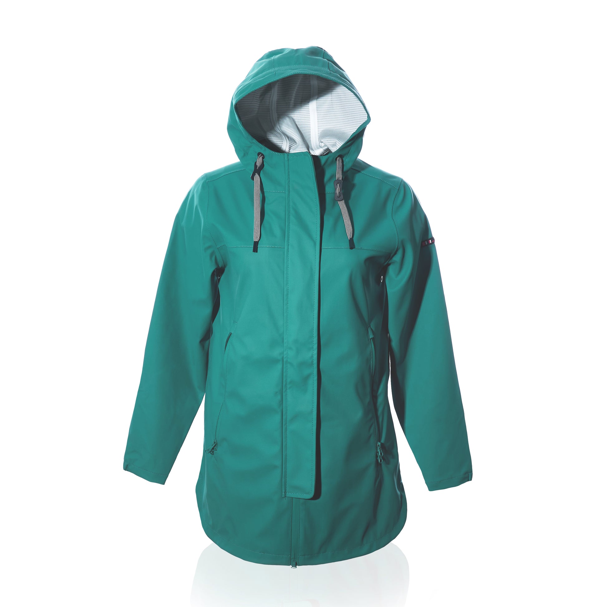 Harborside Waterproof Raincoat - Teal by Batela USA Inc, a unisex waterproof hooded jacket featuring a zippered front, two lower pockets, and adjustable drawstrings on the hood, crafted with a durable waterproof shell and shown on a plain white background. by Sea Bags
