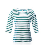 3/4 sleeve boatneck top by Batela USA Inc, featuring classic horizontal teal and cream stripes, displayed against a white background. by Sea Bags