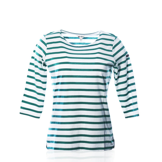 3/4 sleeve boatneck top by Batela USA Inc, featuring classic horizontal teal and cream stripes, displayed against a white background. by Sea Bags